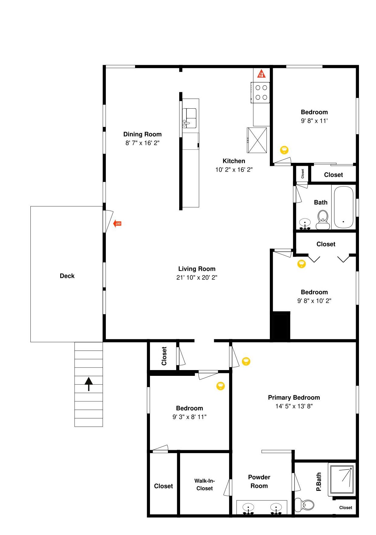 A floor plan with a dining room, kitchen, living room, two bedrooms, a powder room, and closets.