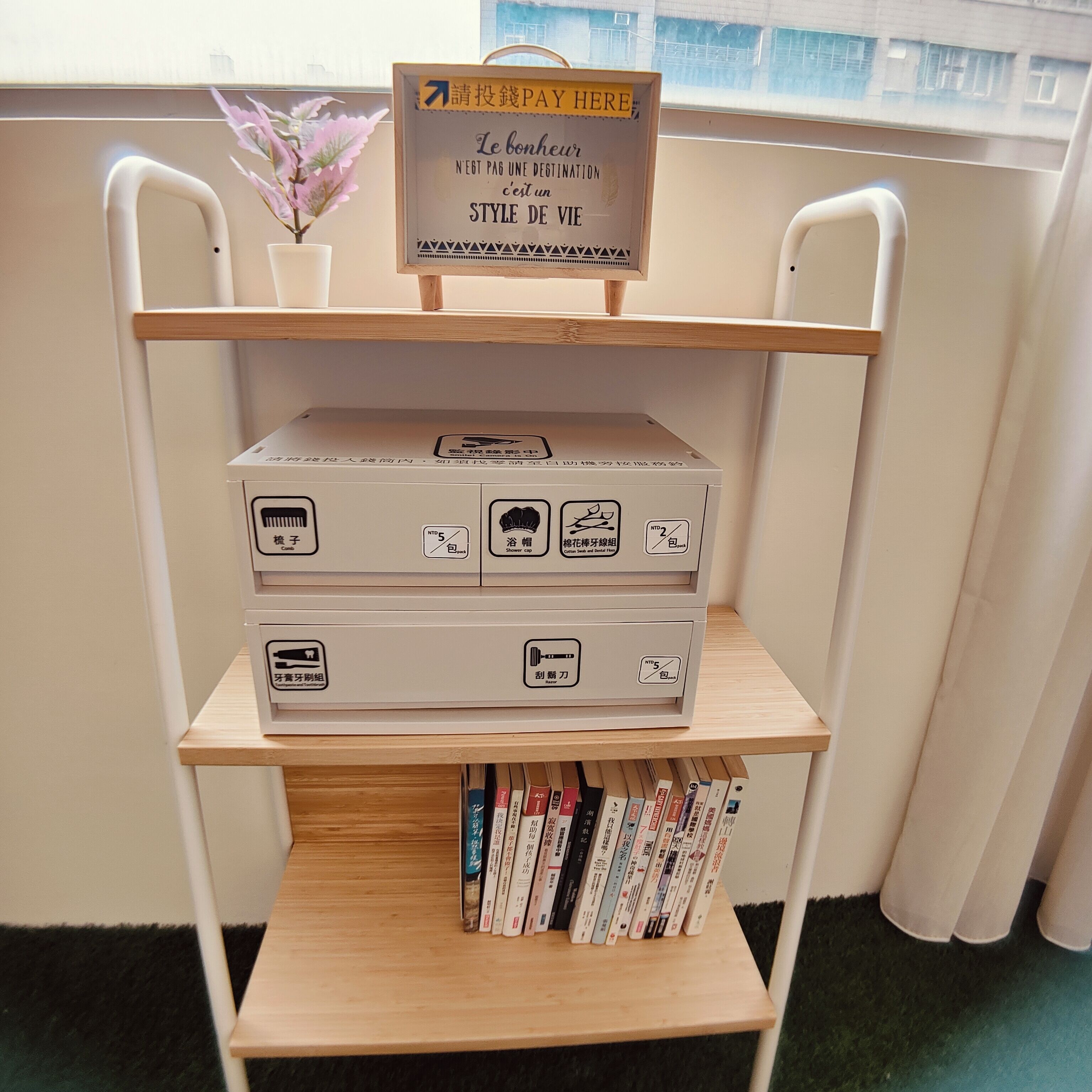Une étagère avec des boîtes de rangement et des livres, une enseigne avec du texte en français, et une plante en pot.
