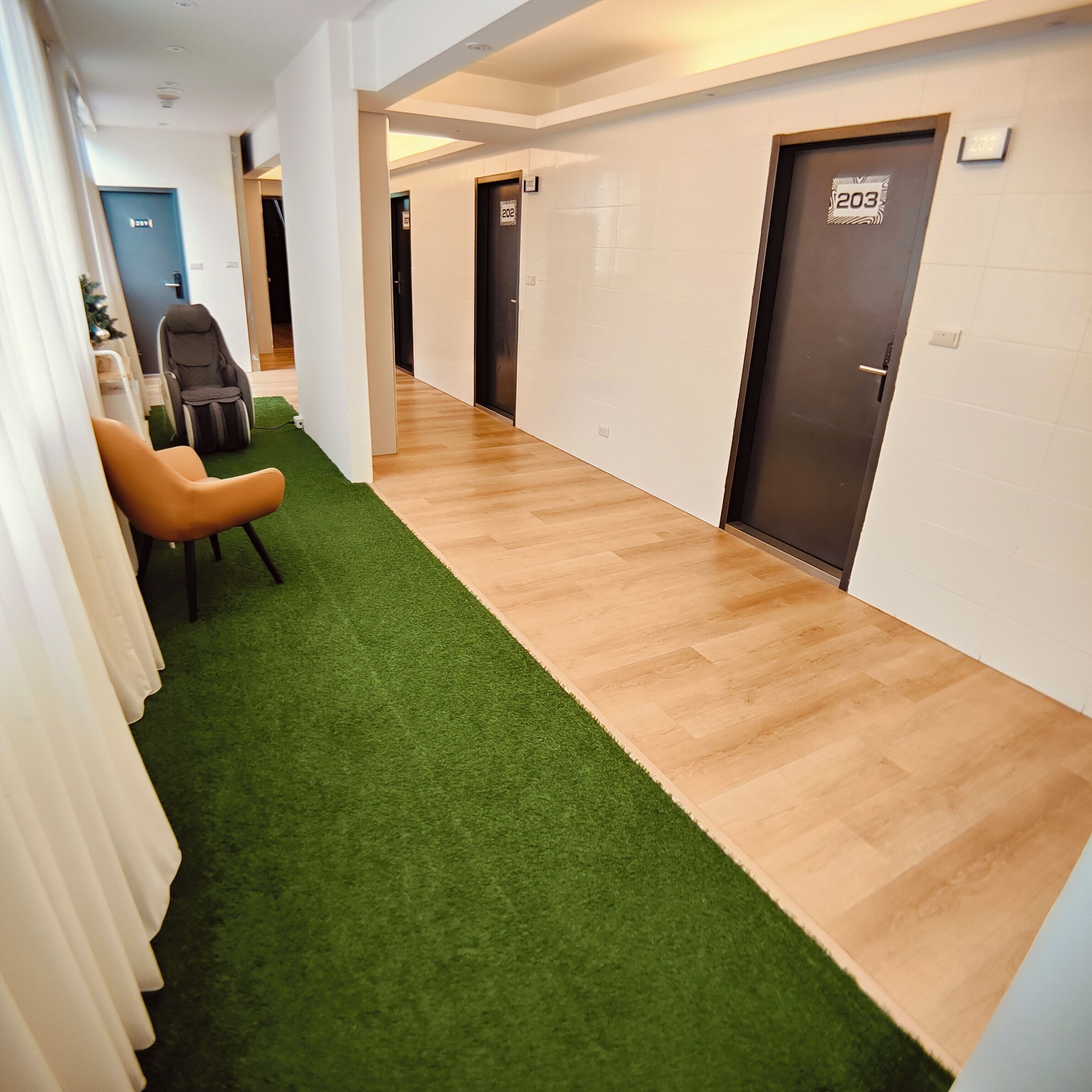 Un couloir avec une moquette verte, un plancher en bois et des portes numérotées 202 et 203.