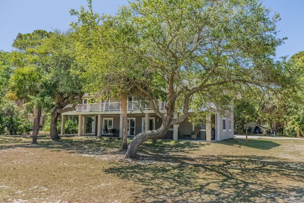 A two-story house with a covered porch and a large tree in front.