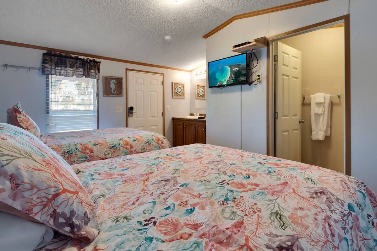 A bedroom with two beds, a TV mounted on the wall, a bathroom with a towel rack, and a window with blinds.