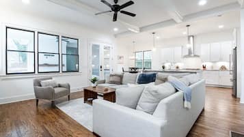 Smart TV, fireplace, books, music library