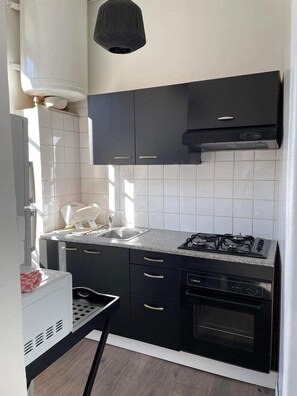 Fridge, oven, stovetop, electric kettle