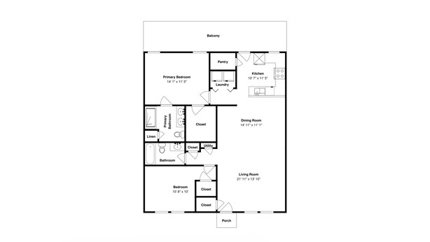 A floor plan of a house with a balcony, primary bedroom, dining room, living room, kitchen, bathroom, and a bedroom. - Beach Bunker by Silver Sands Vacation Rentals (Port Aransas)