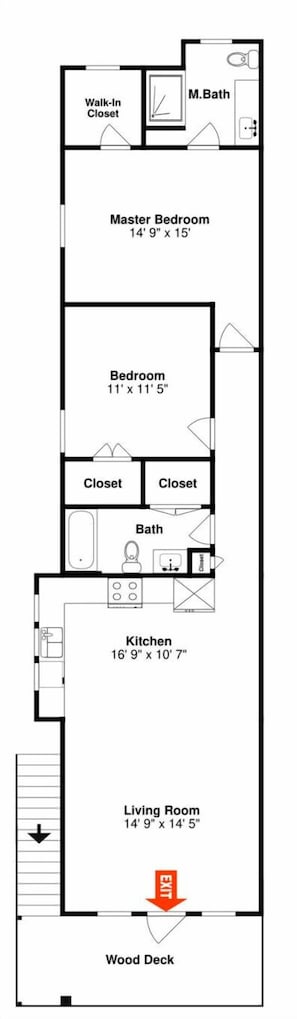 A floor plan of a house with a master bedroom, two smaller bedrooms, a kitchen, a living room, a bathroom, and a wood deck. - Beach Please by Silver Sands Vacation Rentals (Port Aransas)