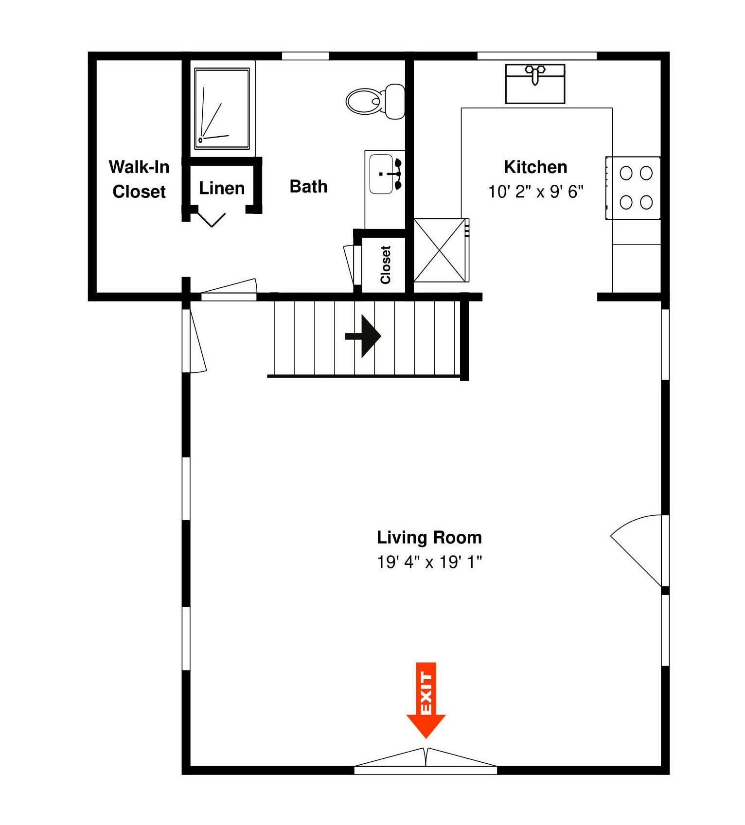 Un plan d’étage comprenant un salon, une cuisine, un dressing et une salle de bain.
