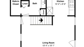 A floor plan with a living room, kitchen, walk-in closet, and bathroom. - Beachin' Country by Silver Sands Vacation Rentals (Port Aransas)