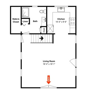 A floor plan with a living room, kitchen, walk-in closet, and bathroom. - Beachin' Country by Silver Sands Vacation Rentals (Port Aransas)