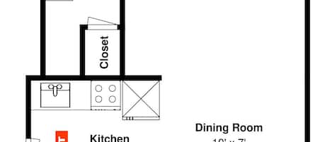 Plano de planta de una casa con sala de estar, comedor, cocina, aseo y baño.
