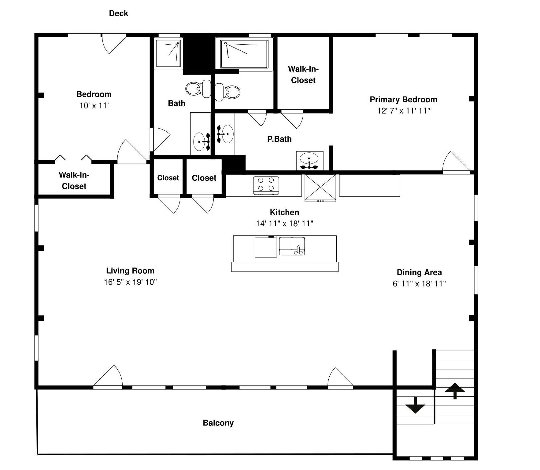 Planta baixa de um quarto de hotel com quarto, closet espaçoso, banheiro, casa de banho, quarto principal, cozinha, sala de jantar e varanda.