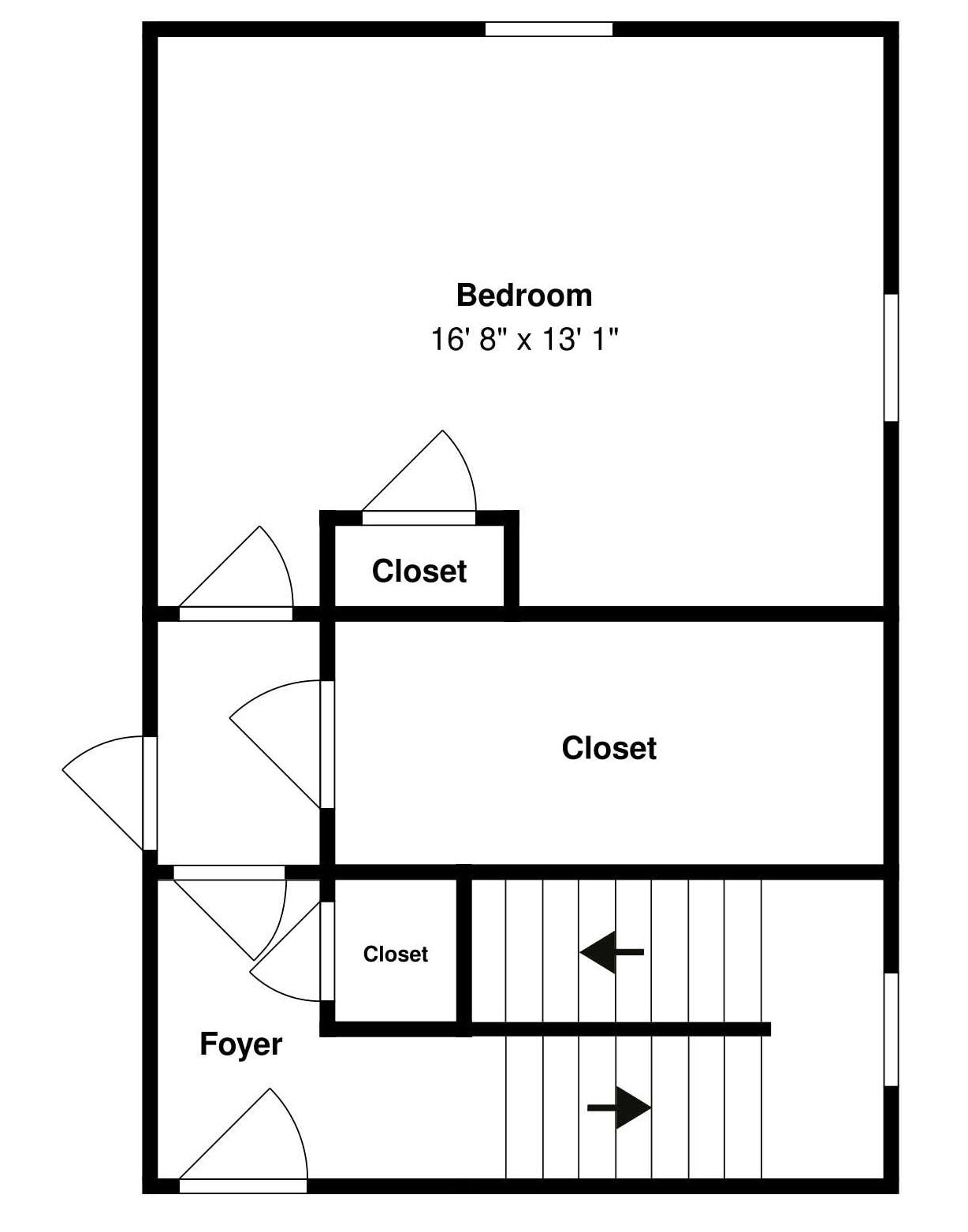 A floor plan with a bedroom measuring 16'8' x 13'1', two closets, and a foyer.