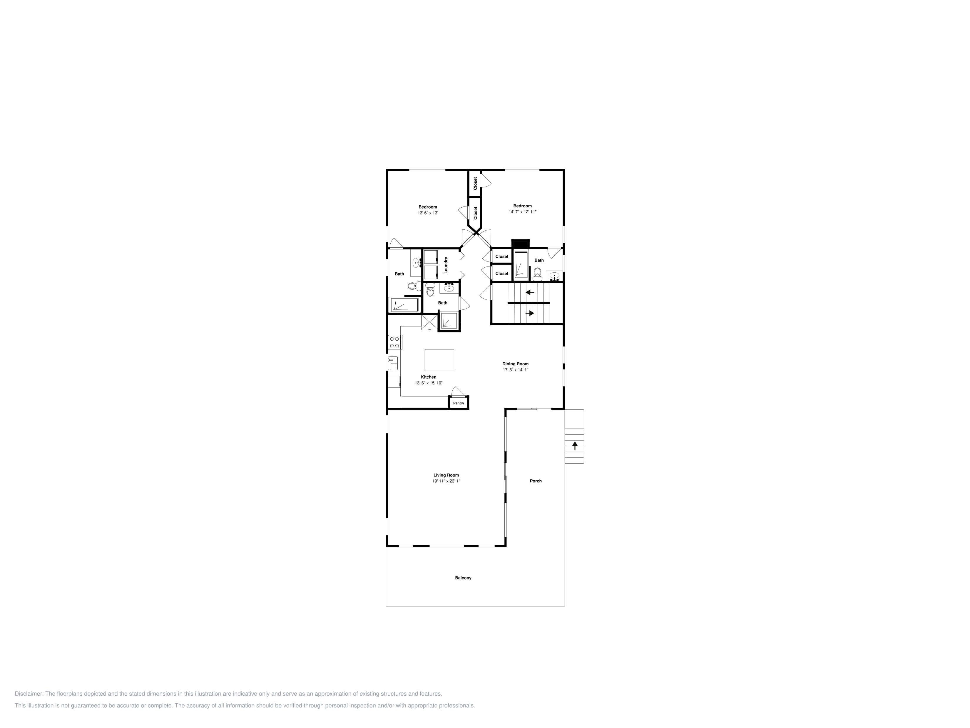 A floor plan with a living room, dining room, kitchen, two bedrooms, a bathroom, and a balcony.