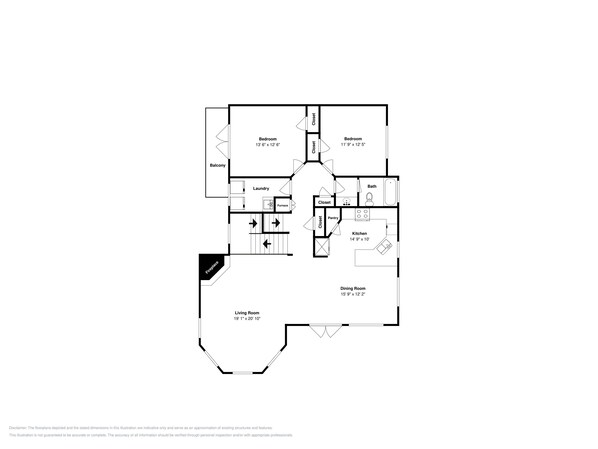 Een plattegrond met een woonkamer, eetkamer, keuken, twee slaapkamers, een badkamer, een wasruimte, een balkon en een open haard.
