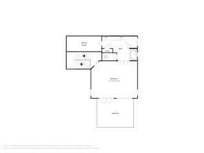 Een plattegrond met een slaapkamer van 5,80 meter bij 4,80 meter, een inloopkast, een linnenkamer, een badkamer en een balkon.