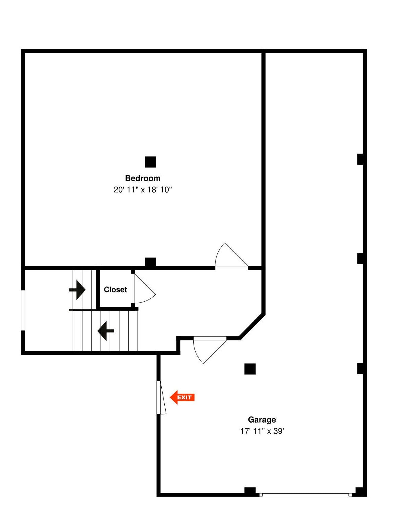 A floor plan with a bedroom measuring 20'11' x 18'10', a closet, an exit, and a garage measuring 17'11' x 39'.