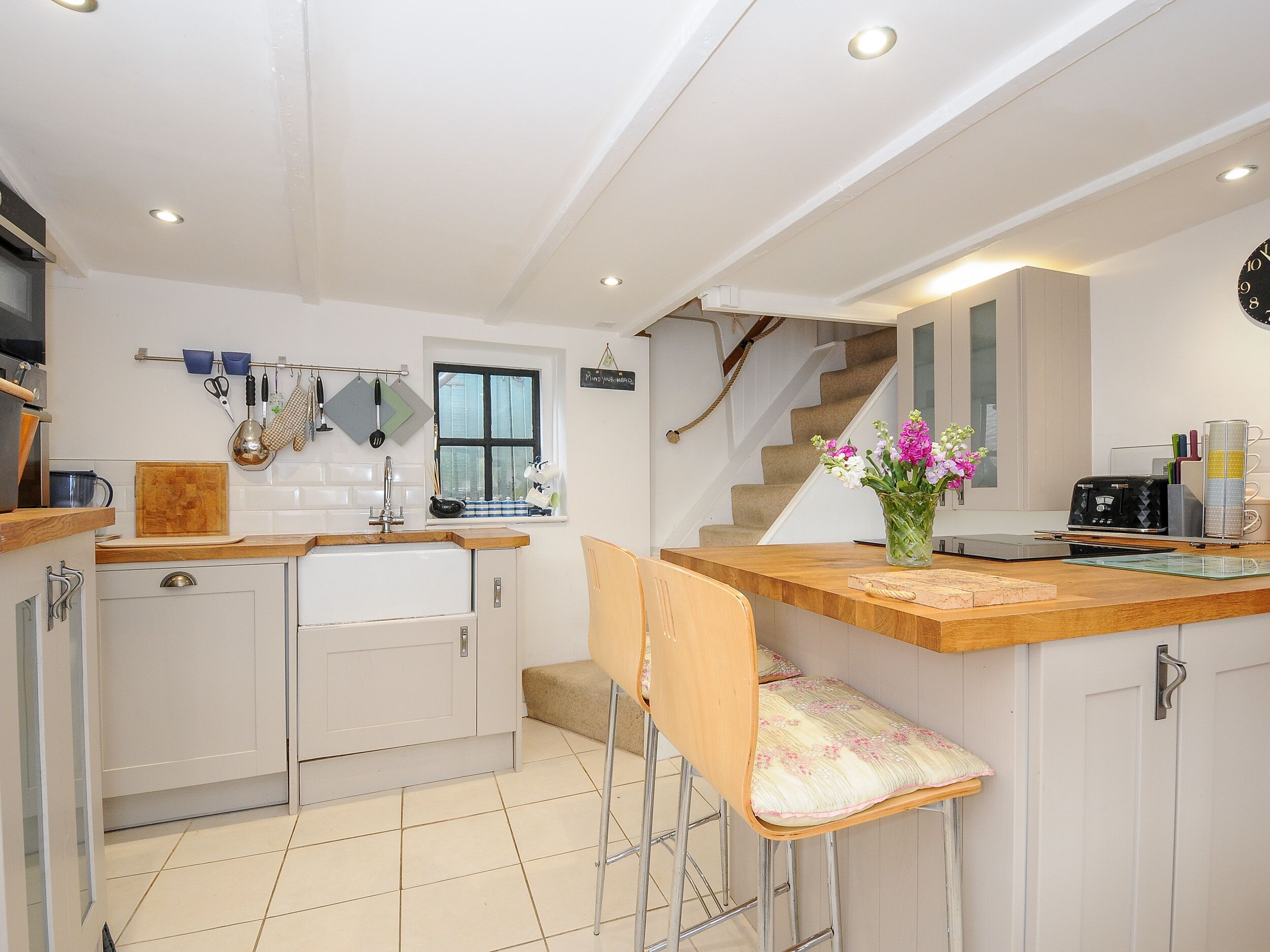 Fridge, electric kettle, toaster, cookware/dishes/utensils