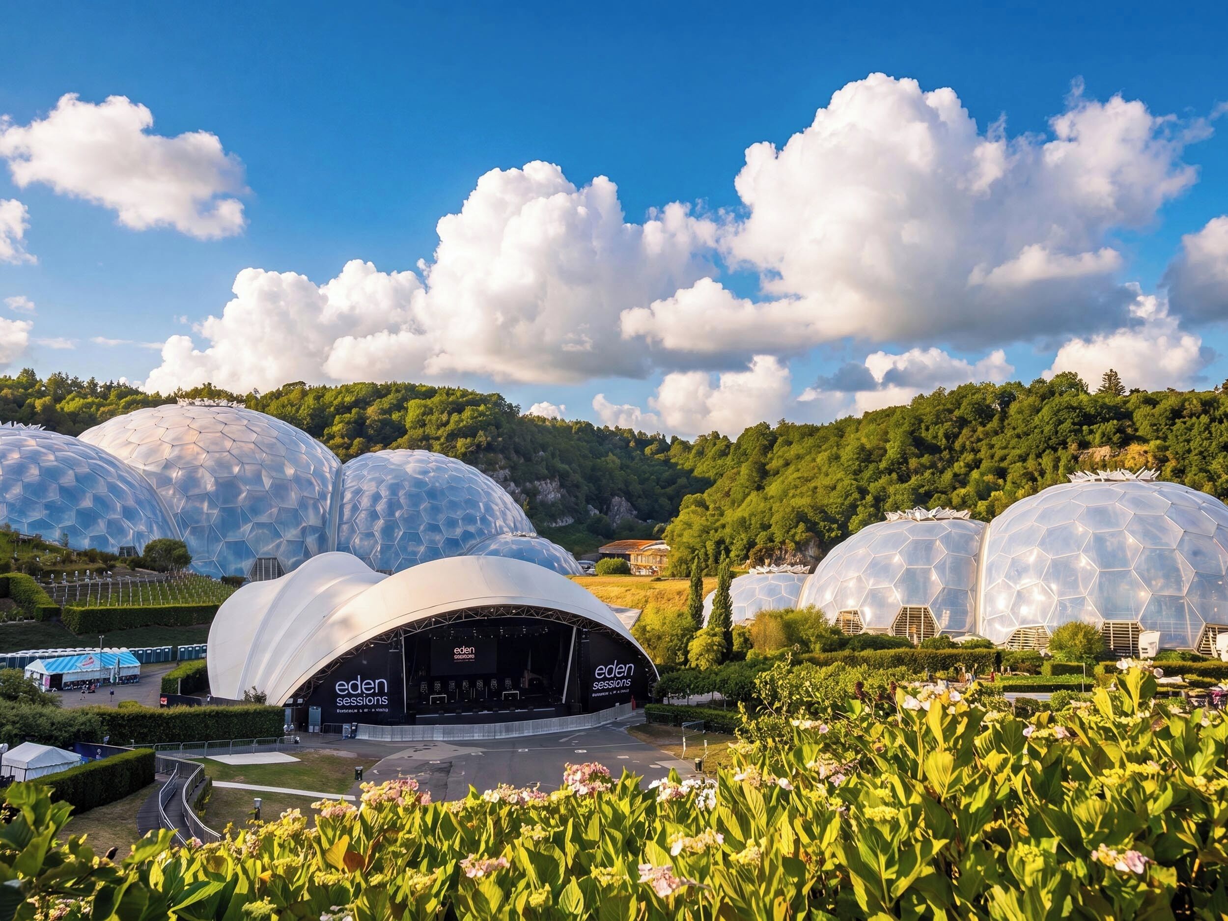 Un vaste espace en plein air doté de plusieurs structures en forme de dôme, entouré d’une végétation luxuriante et de collines.
