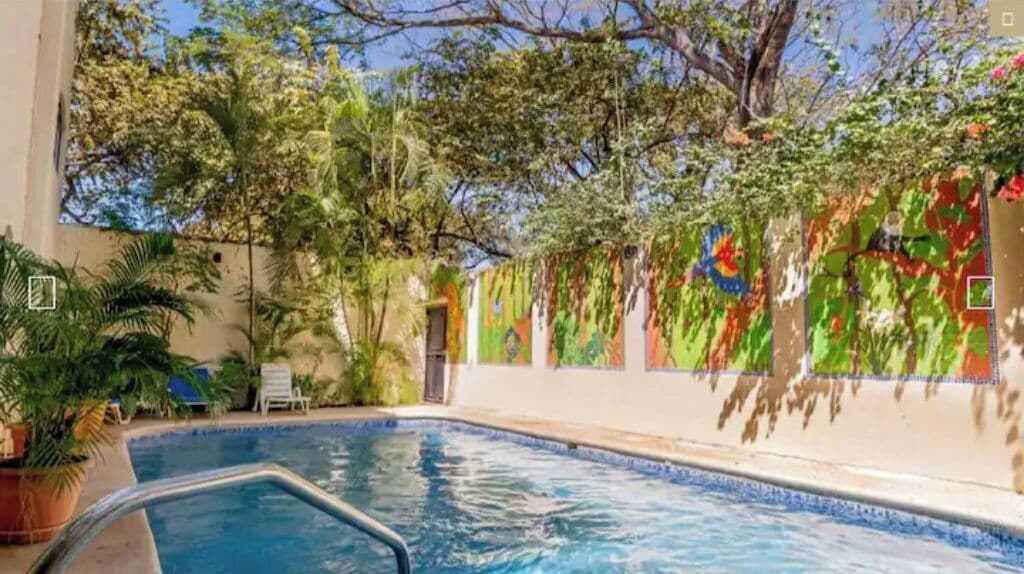 Piscina con agua azul cristalina, rodeada de árboles y un muro colorido.