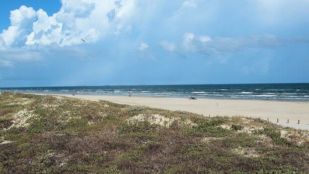 Ein Strand mit sandigem Ufer, grasbewachsenen Dünen und dem Meer im Hintergrund.