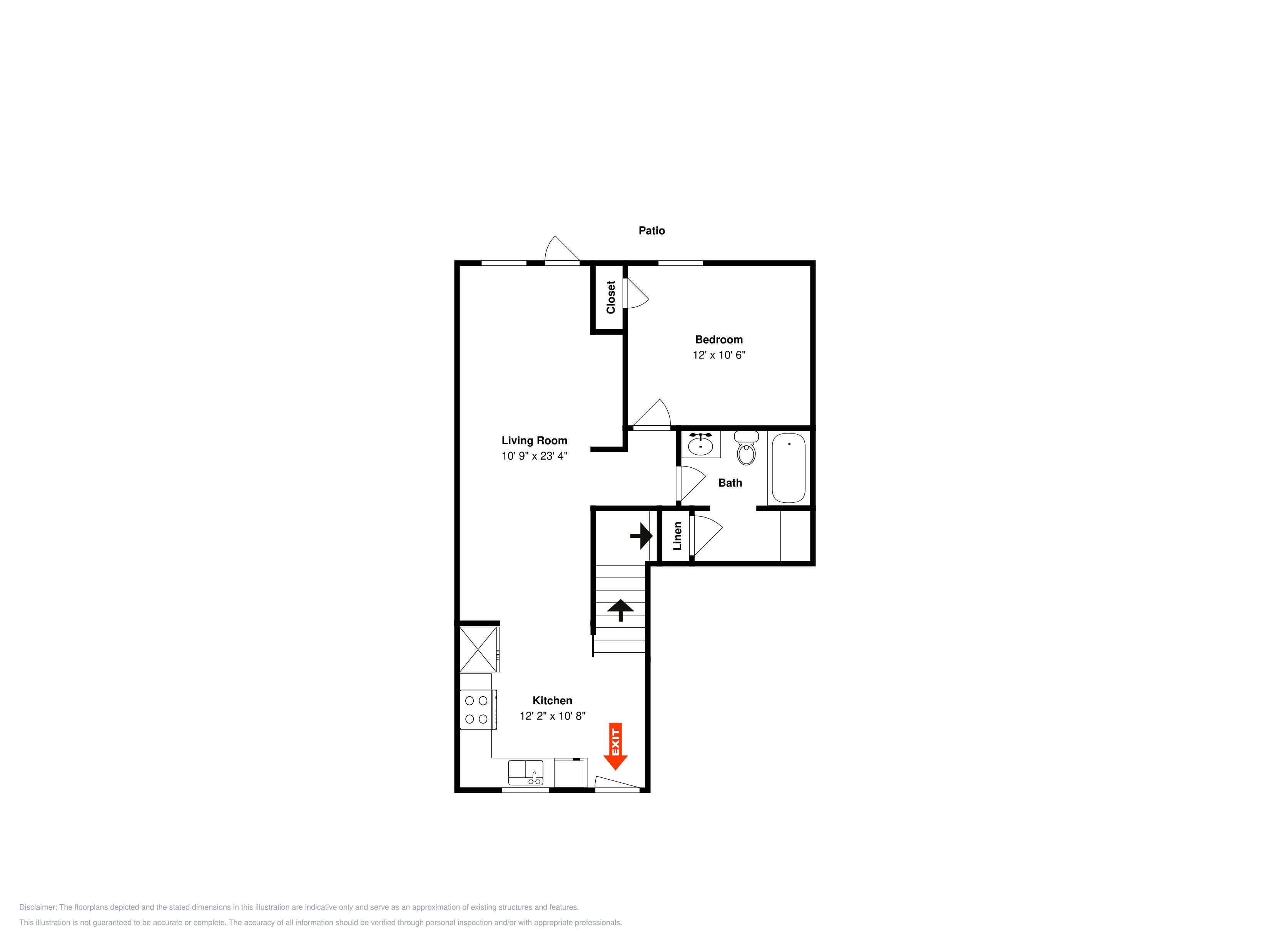 Ein Grundriss mit Wohnzimmer, Küche, Schlafzimmer und Badezimmer.