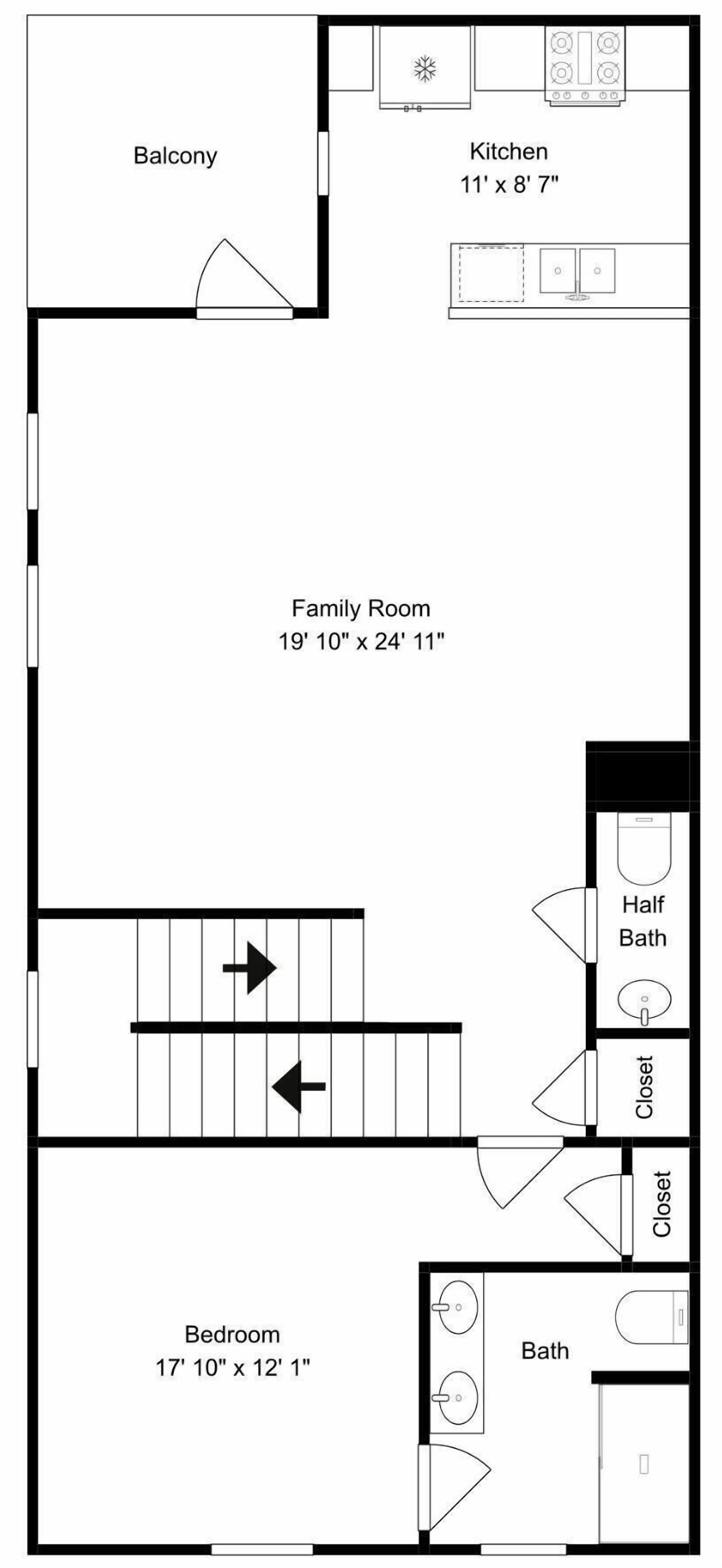 Ein Grundriss mit Balkon, Küche, Familienzimmer, Schlafzimmer, Gäste-WC, Abstellraum und Bad.