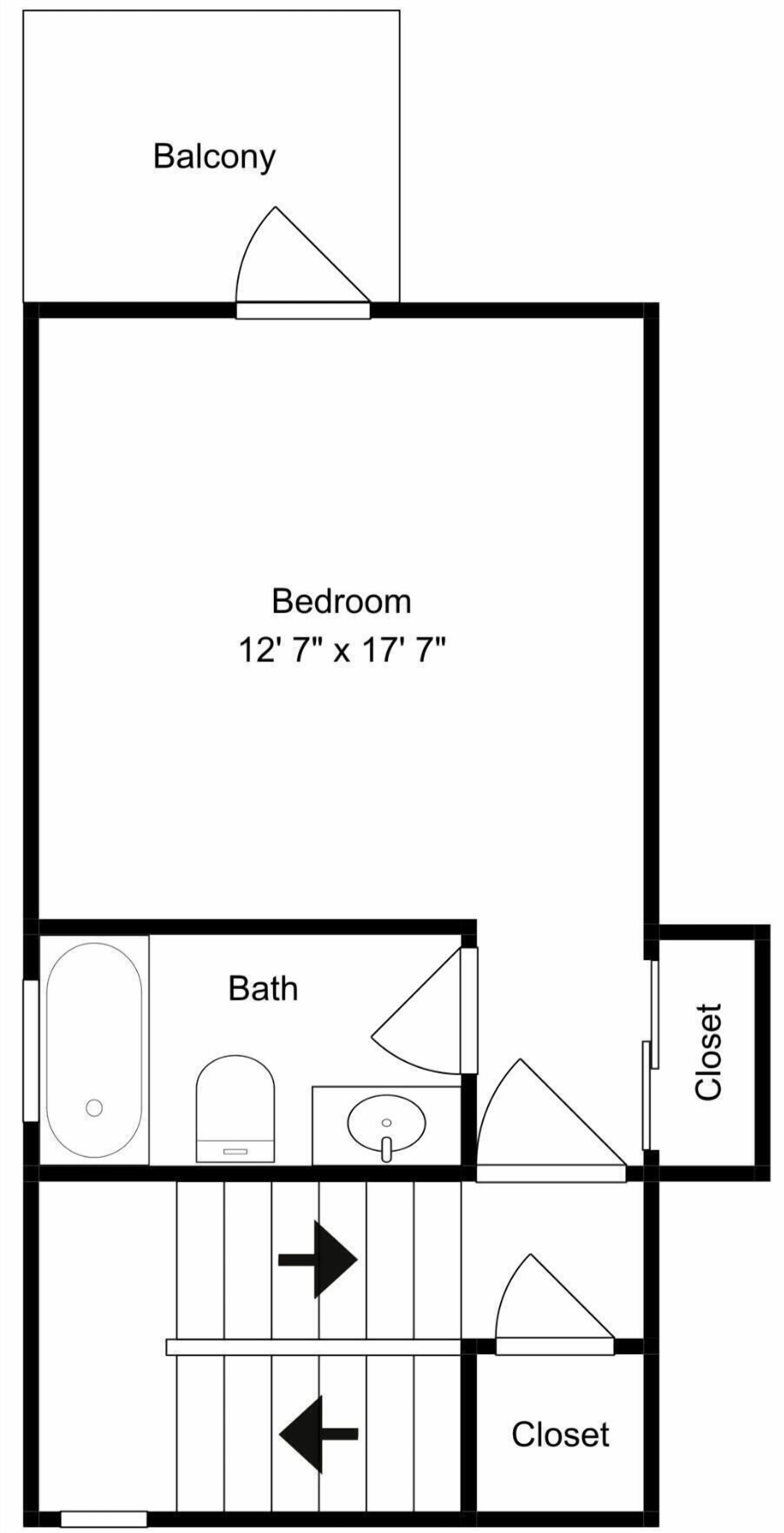 Un plan d’étage comprenant une chambre de 3,8 m x 5,3 m, un balcon, une salle de bain et deux placards.