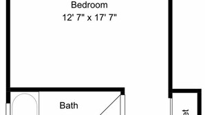 A floor plan with a bedroom measuring 12' 7' x 17' 7', a balcony, a bathroom, and two closets. - Fin And Tonic by Silver Sands Vacation Rentals (Port Aransas)