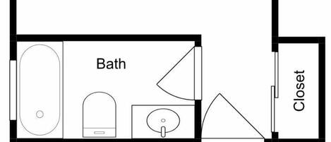 Un plan d’étage comprenant une chambre de 3,8 m x 5,3 m, un balcon, une salle de bain et deux placards.