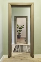 Un pasillo con suelo de madera, un tapete estampado y una planta en maceta.