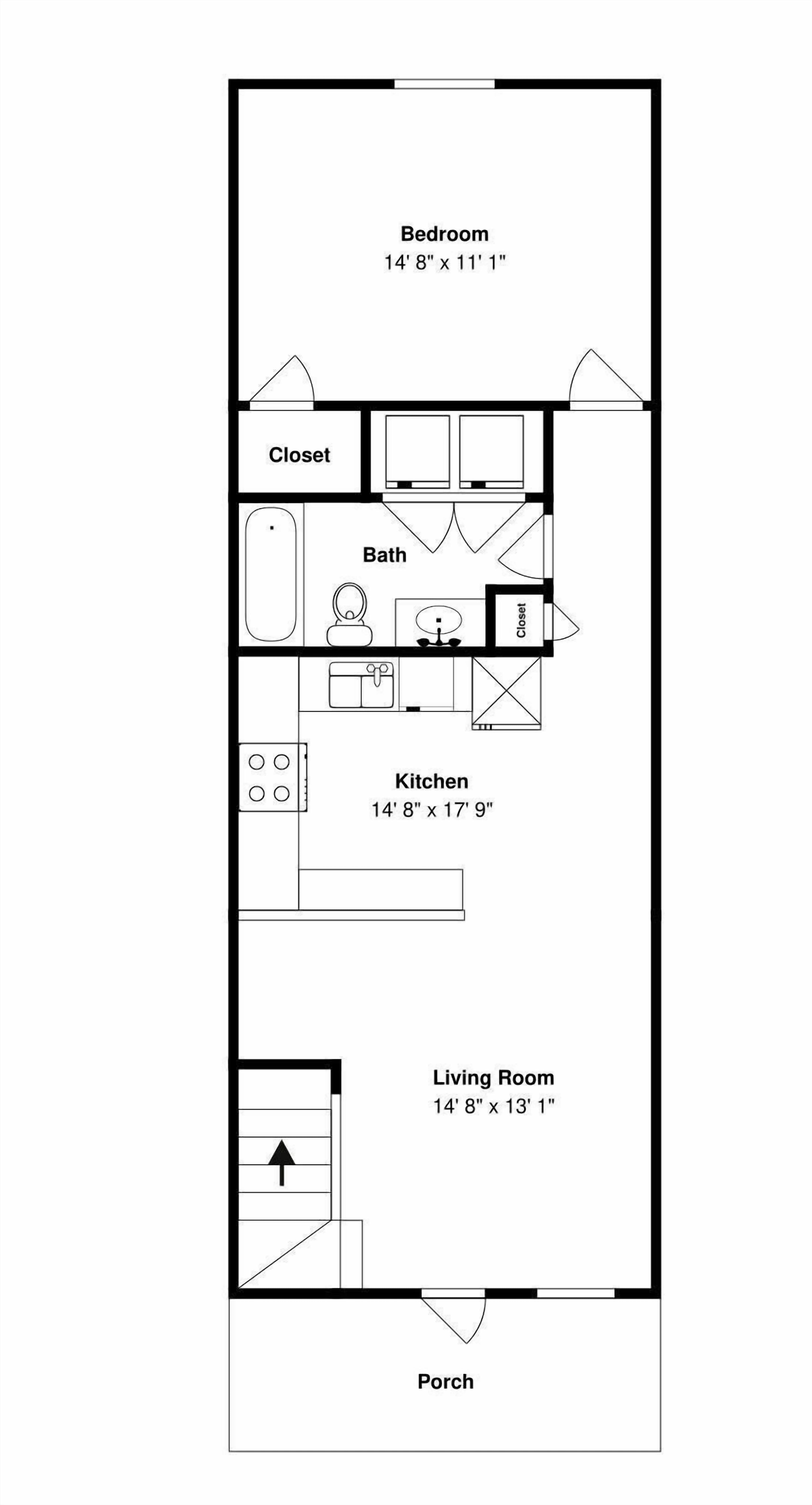 A floor plan with a bedroom, closet, bathroom, kitchen, living room, and porch.