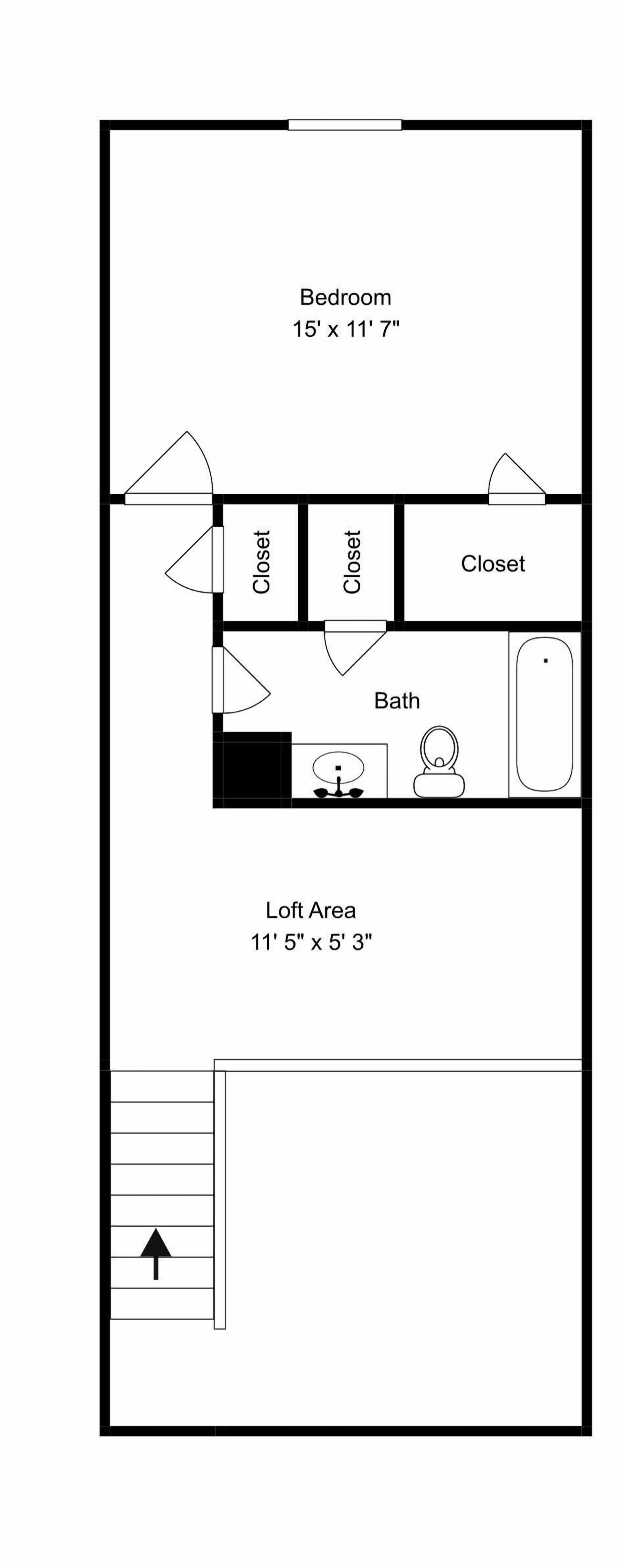 A bedroom measuring 15' x 11'7' with three closets and a bath. A loft area is 11'5' x 5'3'.