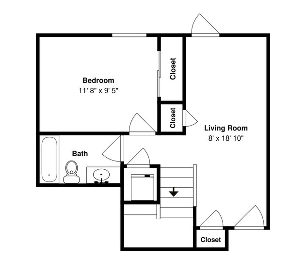 Plano de planta de una casa que muestra un dormitorio de 3,53 x 2,87 metros, un salón de 2,44 x 5,74 metros y dos armarios.
