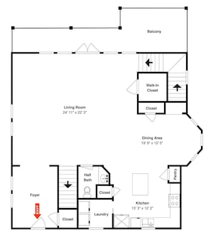 Un plan d’étage comprenant un salon, un balcon, un dressing, un coin repas, une cuisine, une salle de bain avec WC, un hall d’entrée et une buanderie.