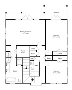 Un plan d’étage d’une chambre d’hôtel comprenant une chambre principale, une chambre plus petite, un balcon, un dressing, un système de chauffage, un placard à linge, une salle de bain et une salle de bain avec WC.