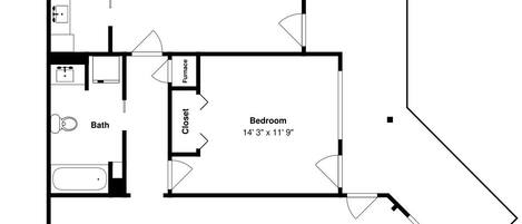 Un plan d’étage d’une maison comprenant une chambre principale, une chambre d’appoint, un salon, une cuisine, une salle de bain et un balcon.
