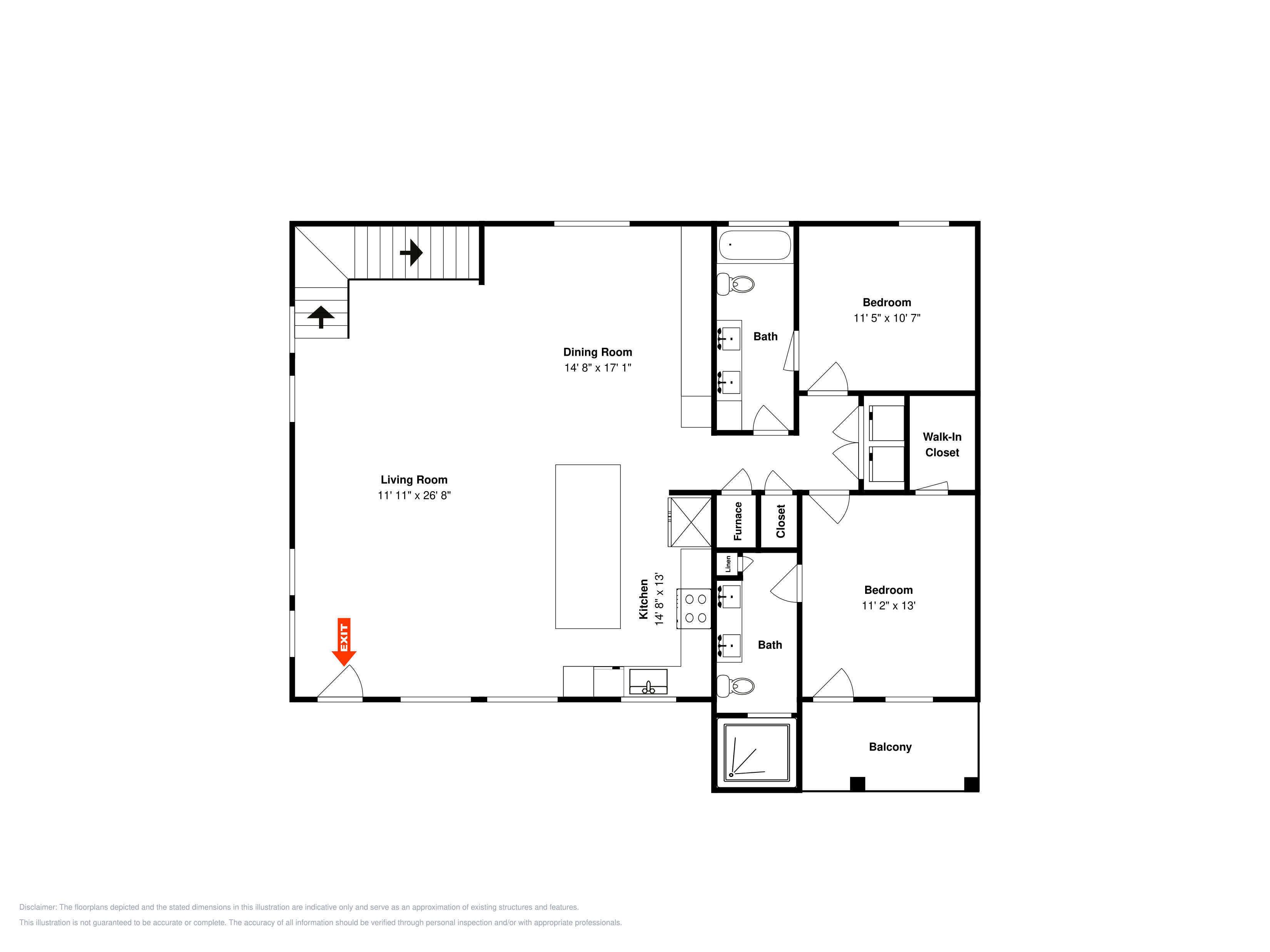 En plantegning der viser en stue, spisestue, to soveværelser, et badeværelse, et køkken, et walk-in closet, en balkon og udsigt udvendigt.