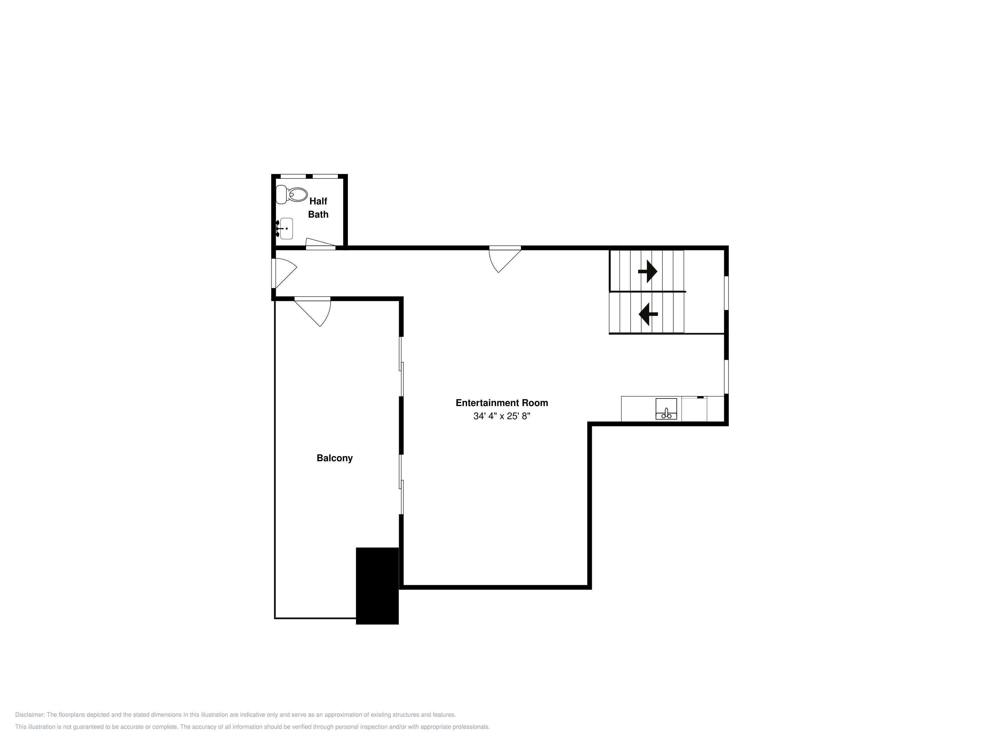 Plano de planta que muestra una sala de entretenimiento, balcón y medio baño.