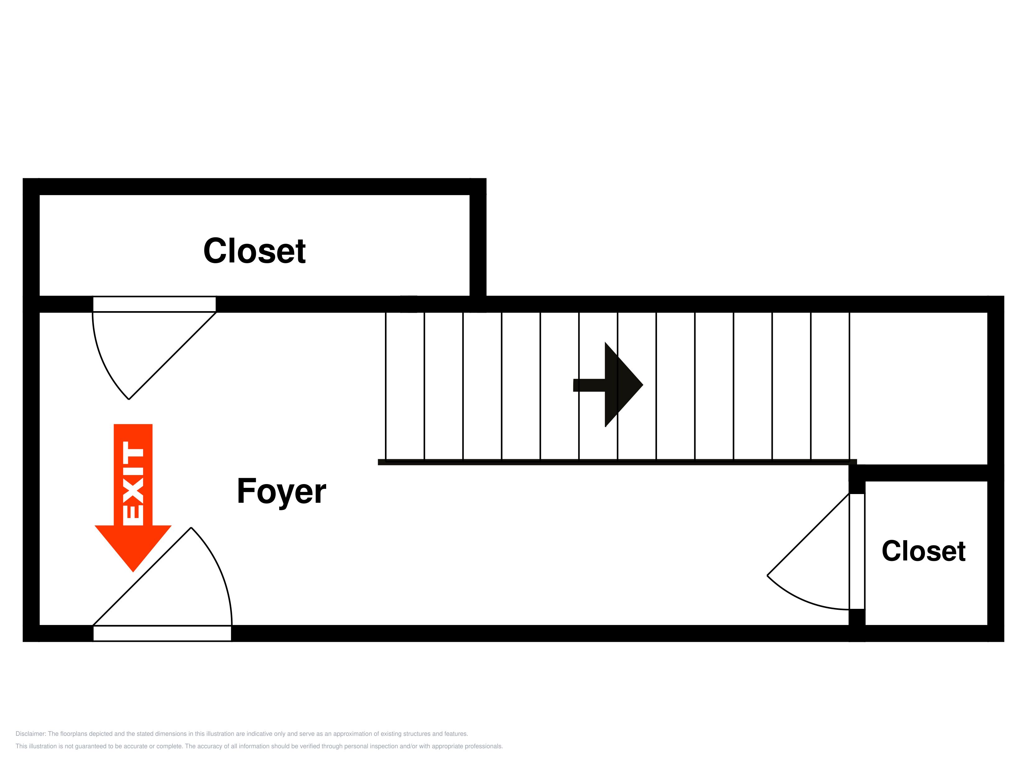 A floor plan with two closets, a foyer, and an exit sign.