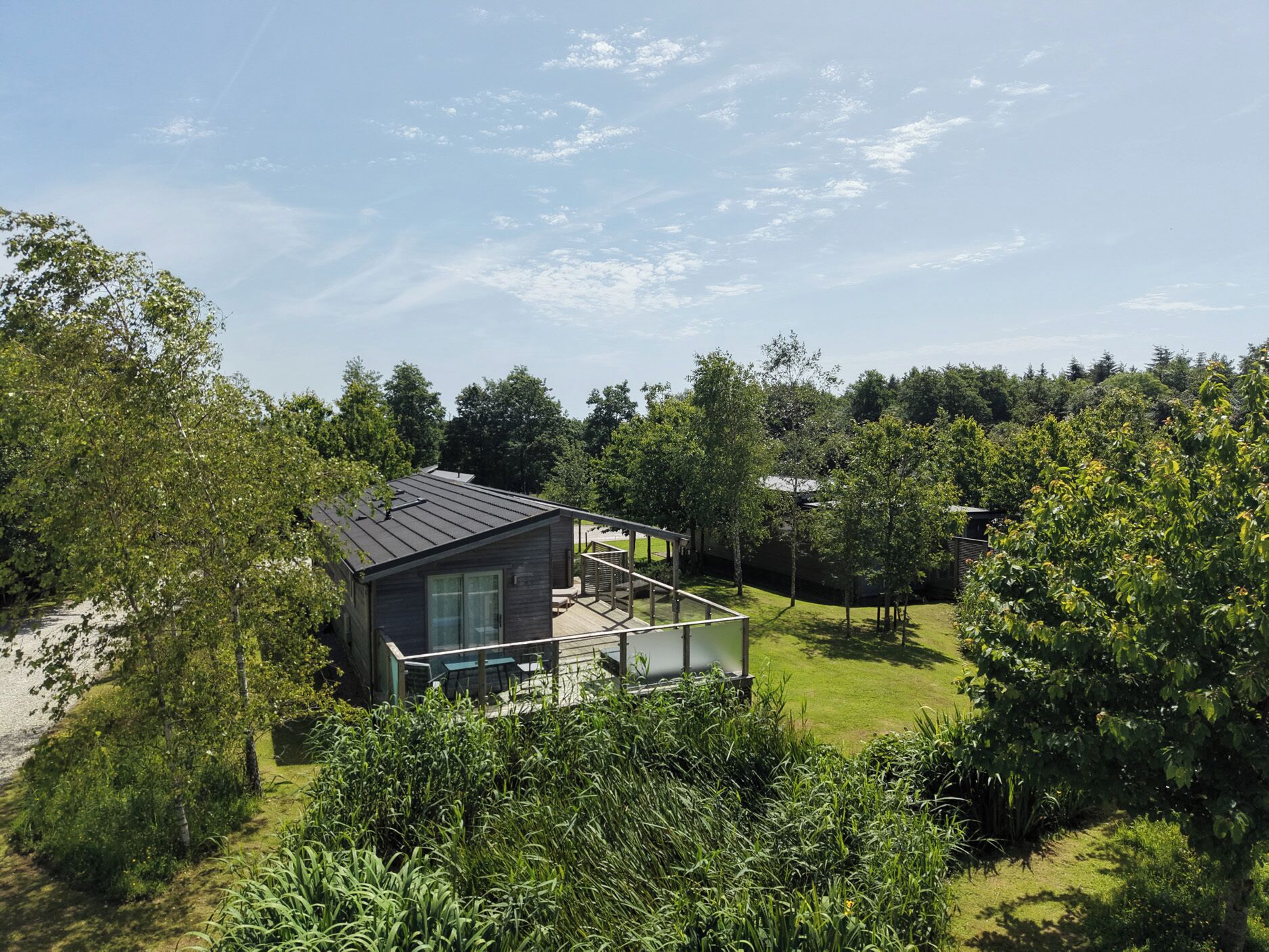 A modern house with a deck, surrounded by lush greenery and trees.
