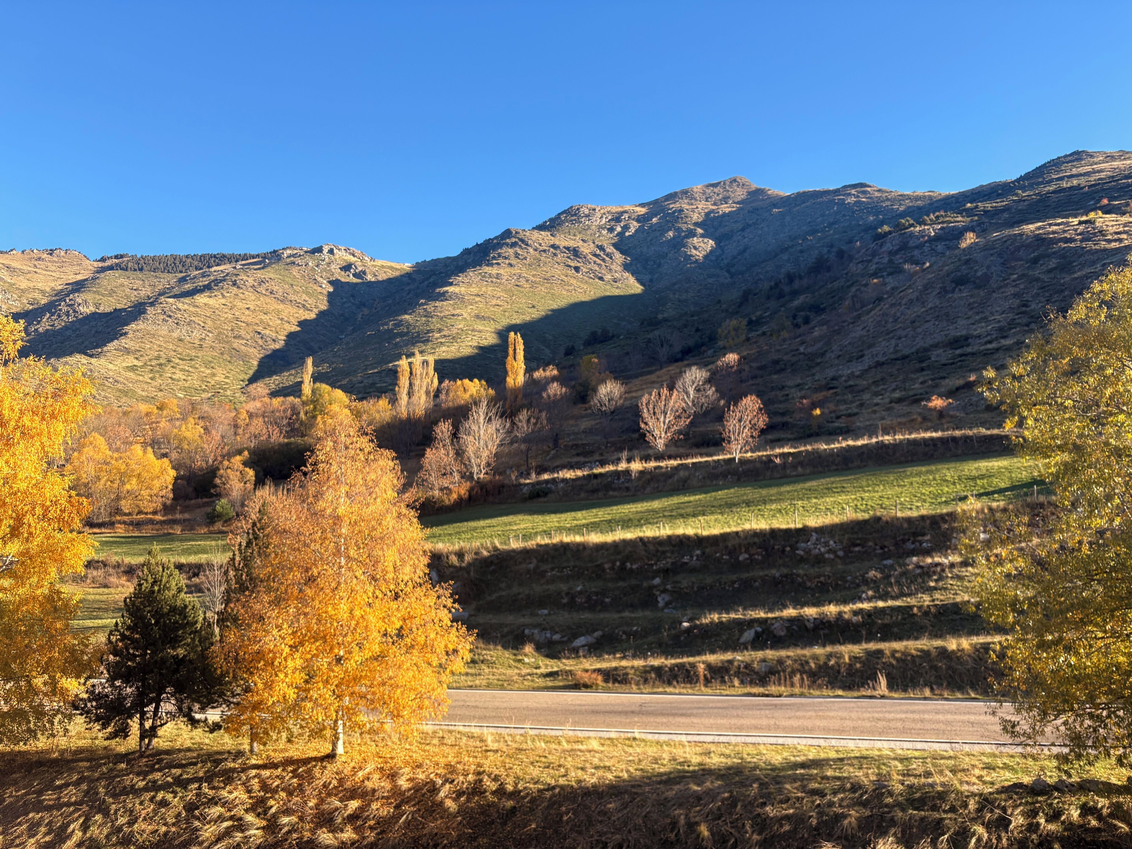 A rural landscape with rolling hills, a road, and autumn-colored trees.