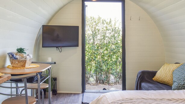 A cozy room with a bed, a TV mounted on the wall, a small table with chairs, and a view of greenery outside. - Privet Pod - UK41394 (Lathom, near Southport)