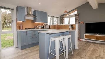 Fridge, dishwasher, cookware/dishes/utensils