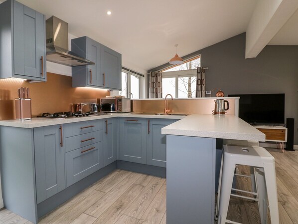Fridge, dishwasher, cookware/dishes/utensils