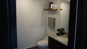 A modern bathroom with a white toilet, a sink with a dark countertop, and a mirror above the sink. There is a towel hanging on the wall and a small plant on the countertop. - CONDO LOMA by TRVL2HM (Nuevo Nayarit)