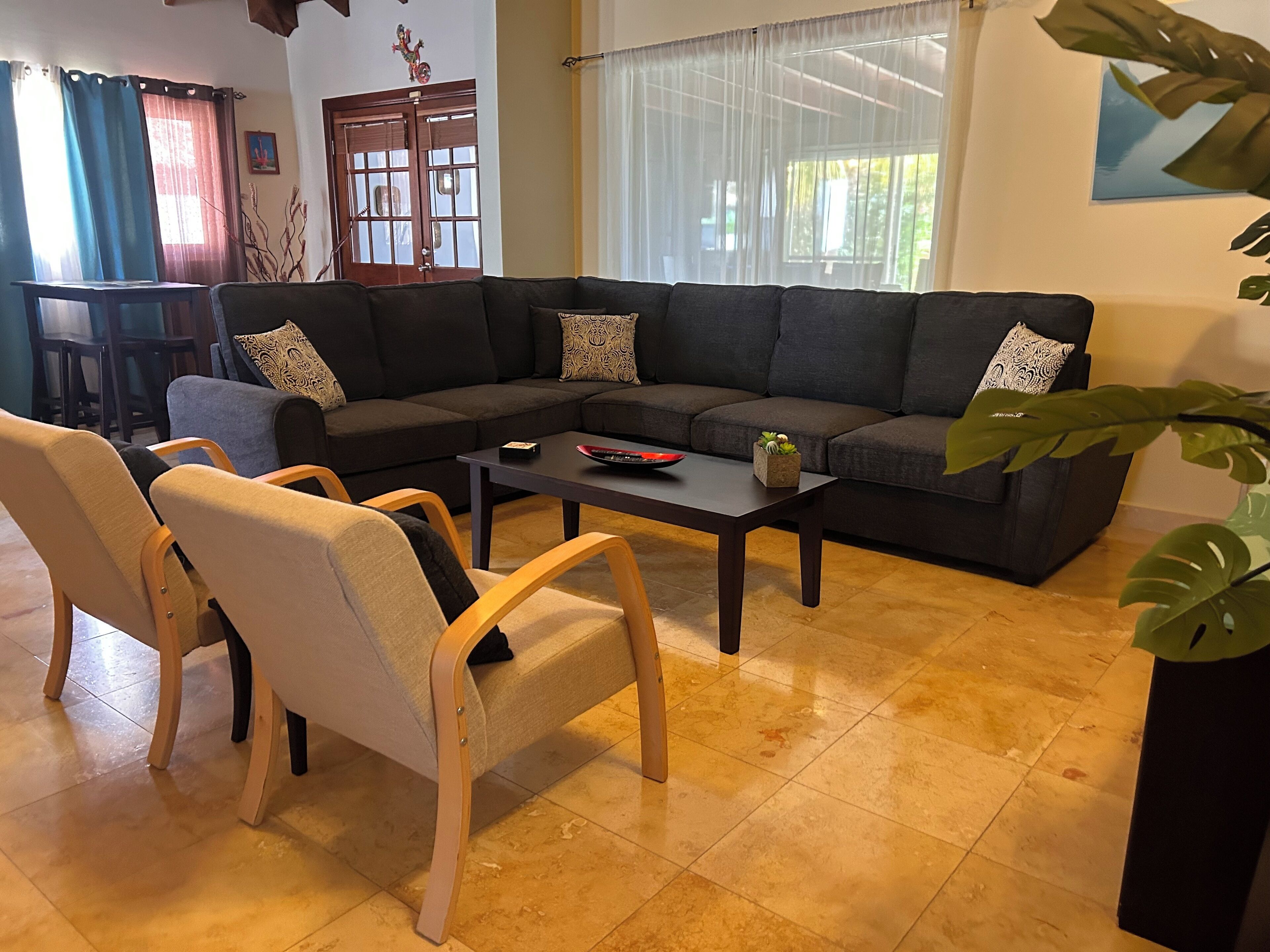 A living room with a dark grey sofa, two wooden chairs, a coffee table, and a small potted plant.