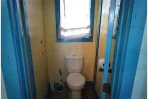 Bathroom features a toilet, window, and toilet paper holder.