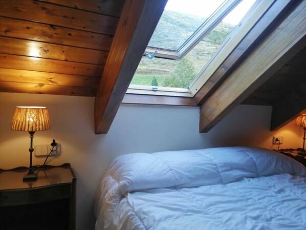 A bedroom with a skylight, a bed, and a nightstand with a lamp.