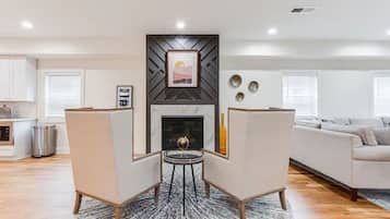Smart TV, fireplace, books