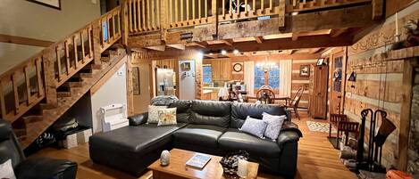 TV, fireplace, books