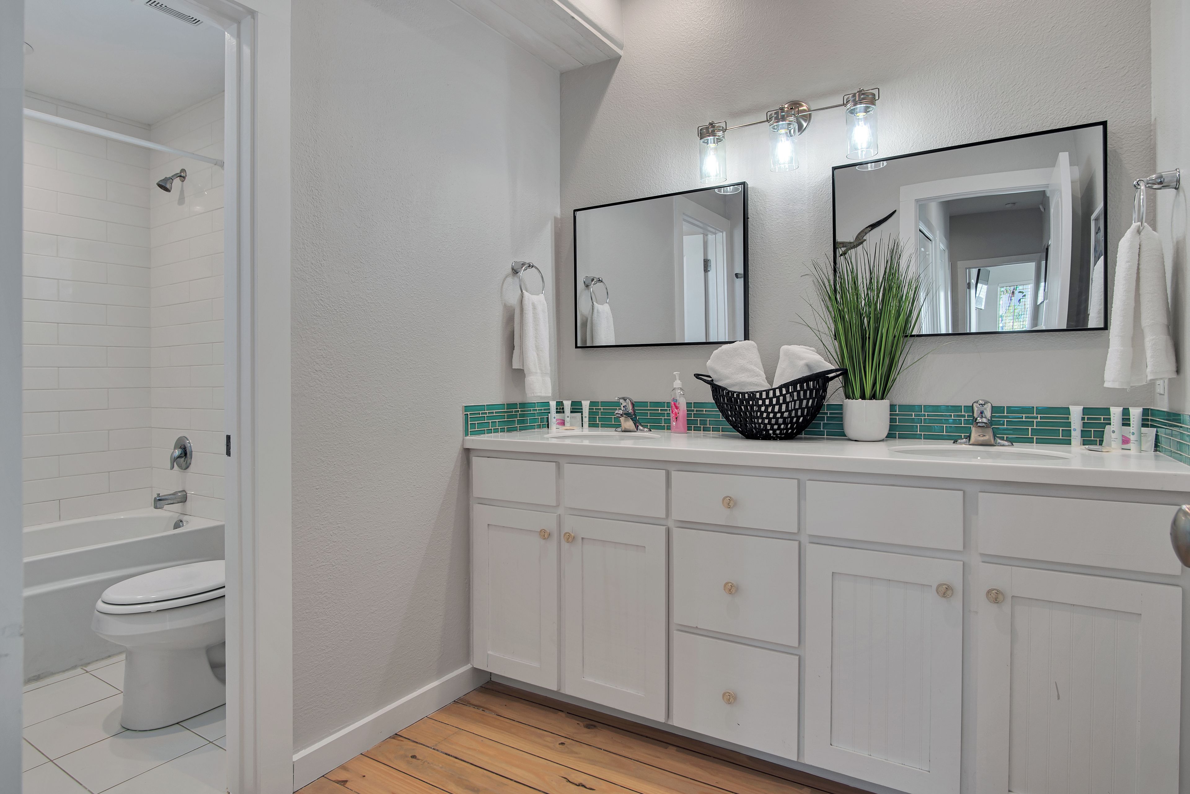 Un baño con una bañera blanca, un inodoro blanco, un lavabo con espejo y una planta en maceta sobre el mostrador.
